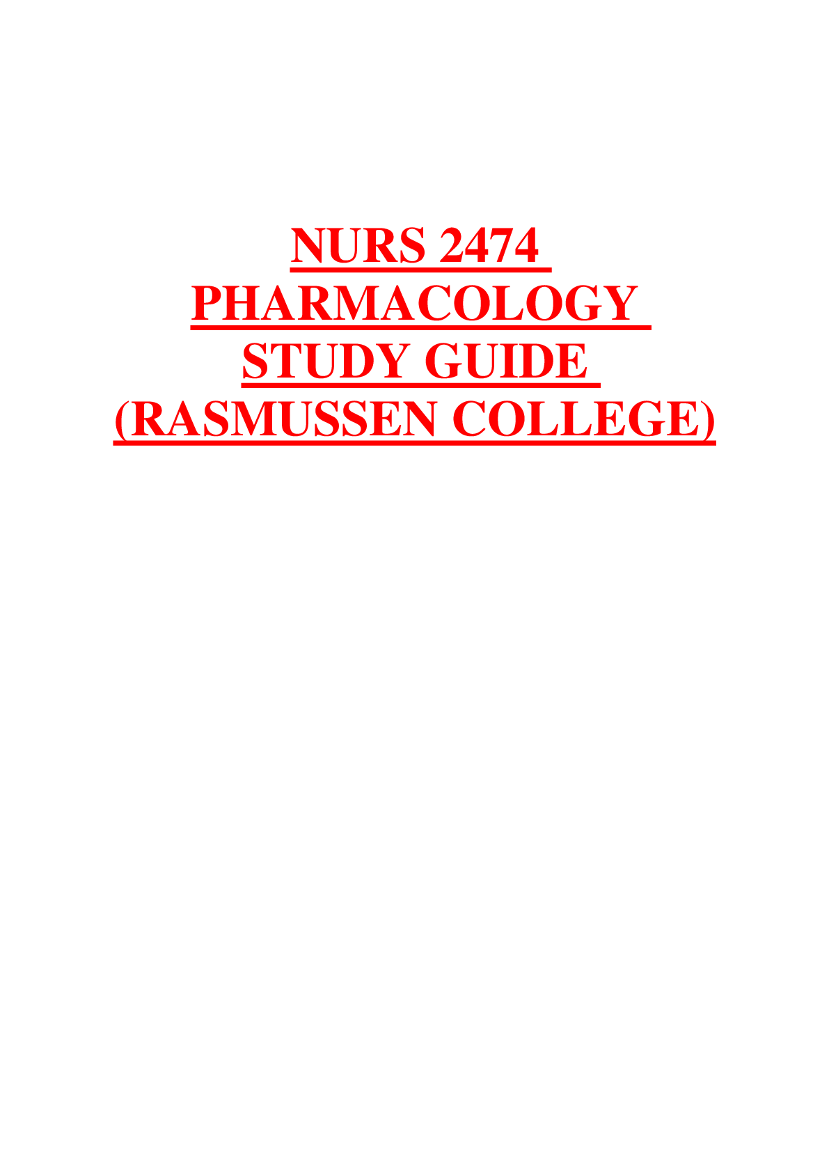 Preview image for NURS 2474 PHARAMACOLOGY EXAM STUDY GUIDE COMPLETE GUIDE.(RASMUSSEN COLLEGE)